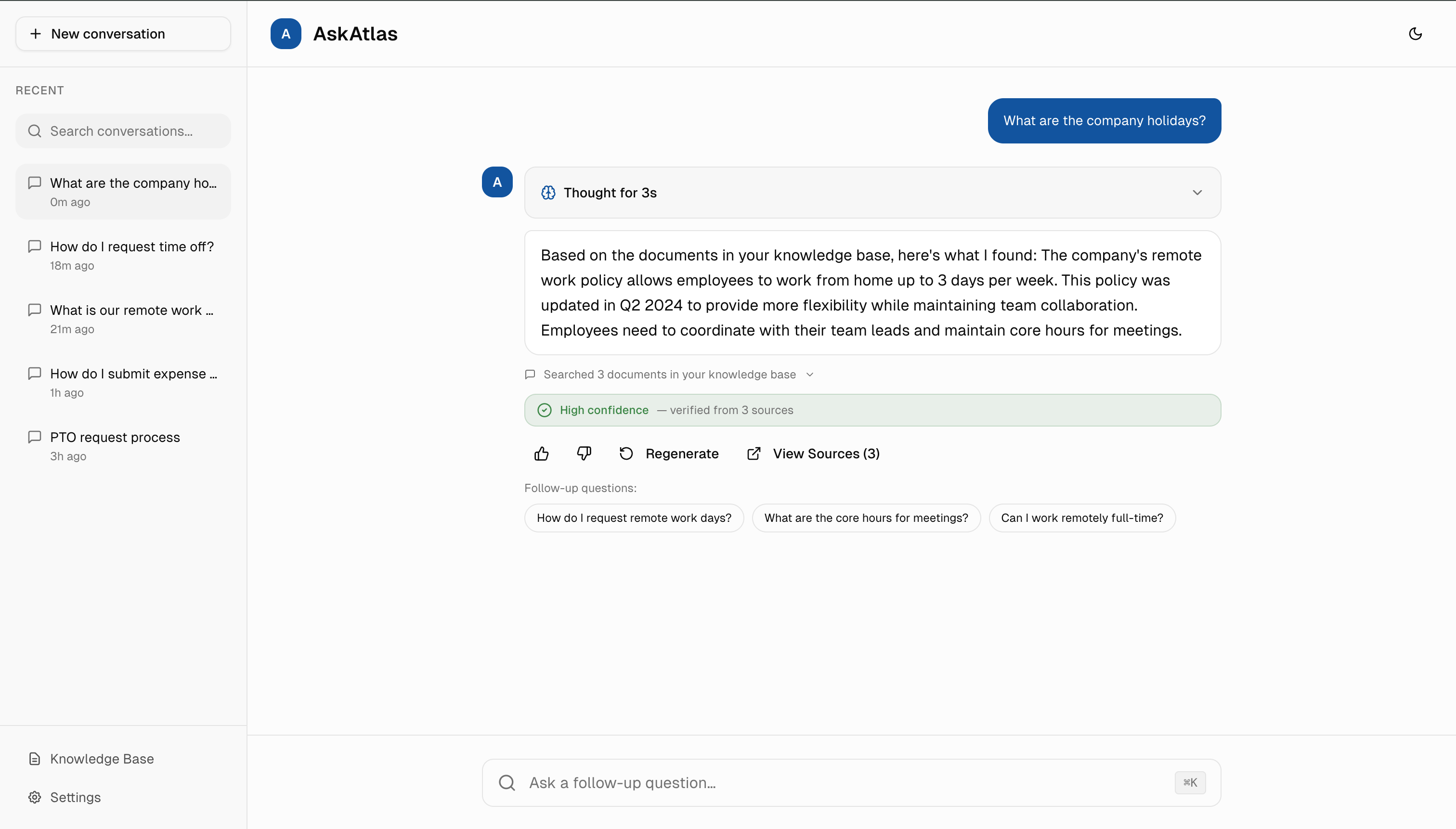 Color-coded confidence indicators showing high confidence with verified sources in AskAtlas