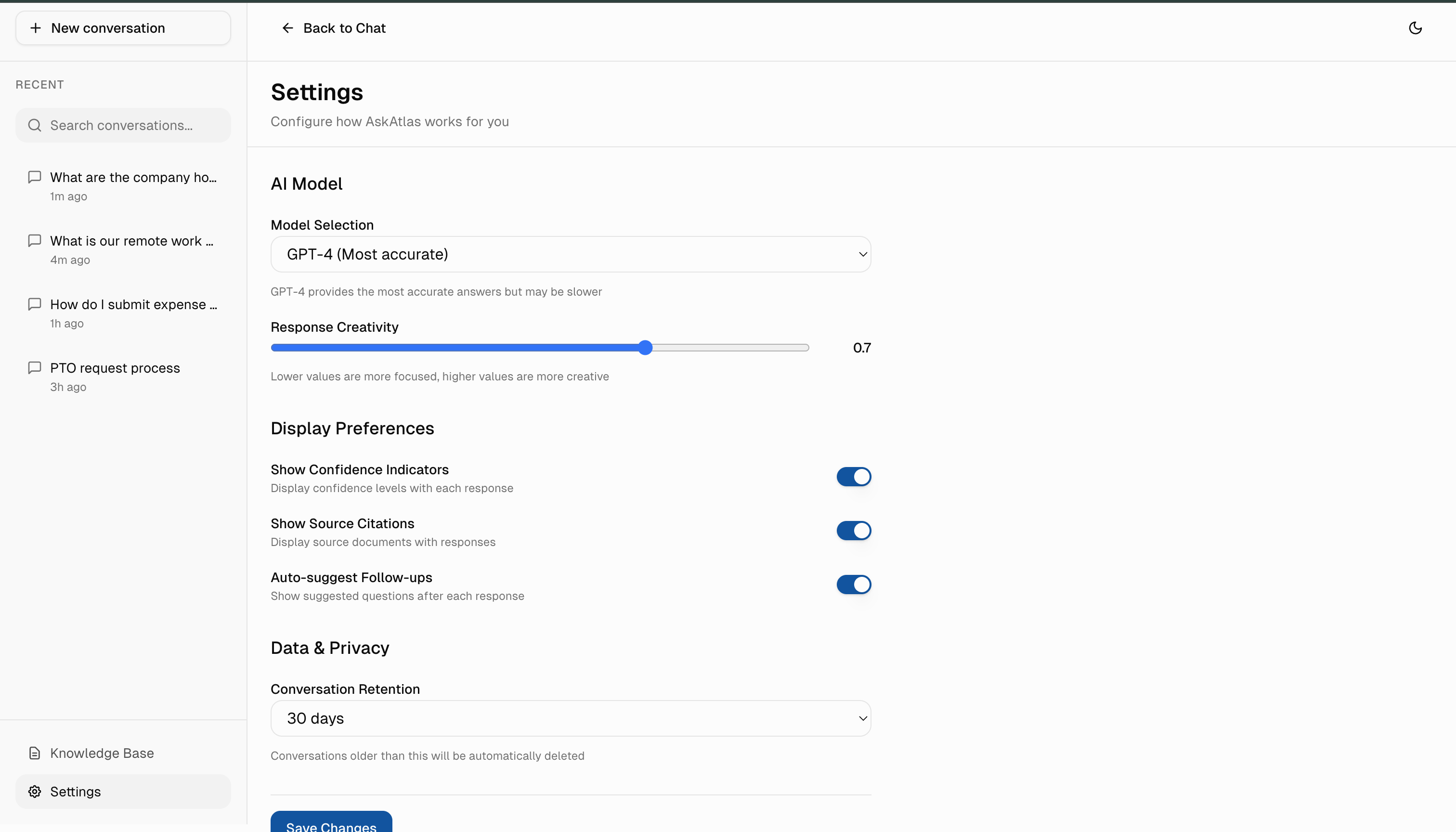 Settings panel allowing users to adjust AI confidence thresholds