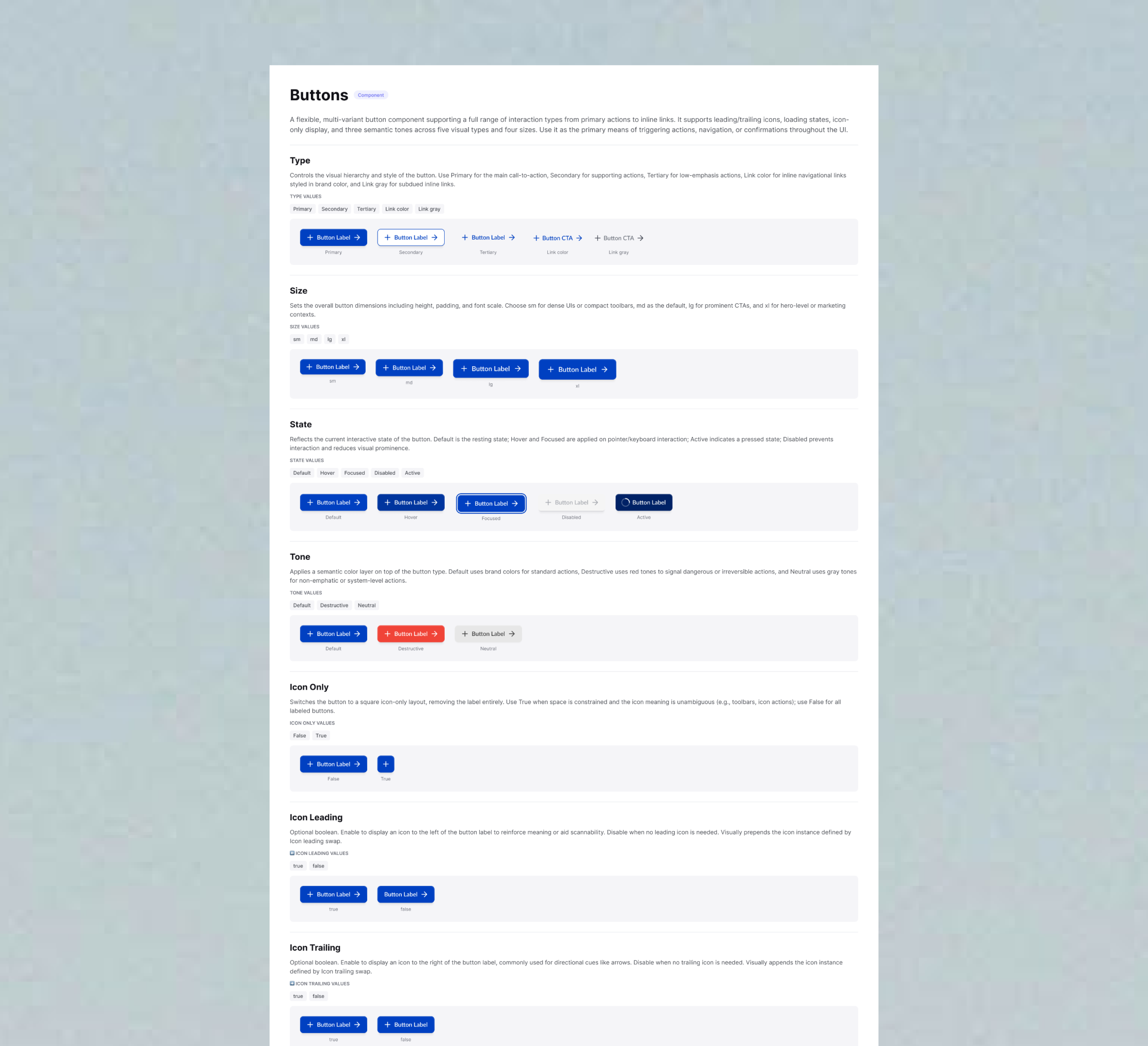 Generated documentation output showing Button component anatomy, types, sizes, states, and variations with live component instances.