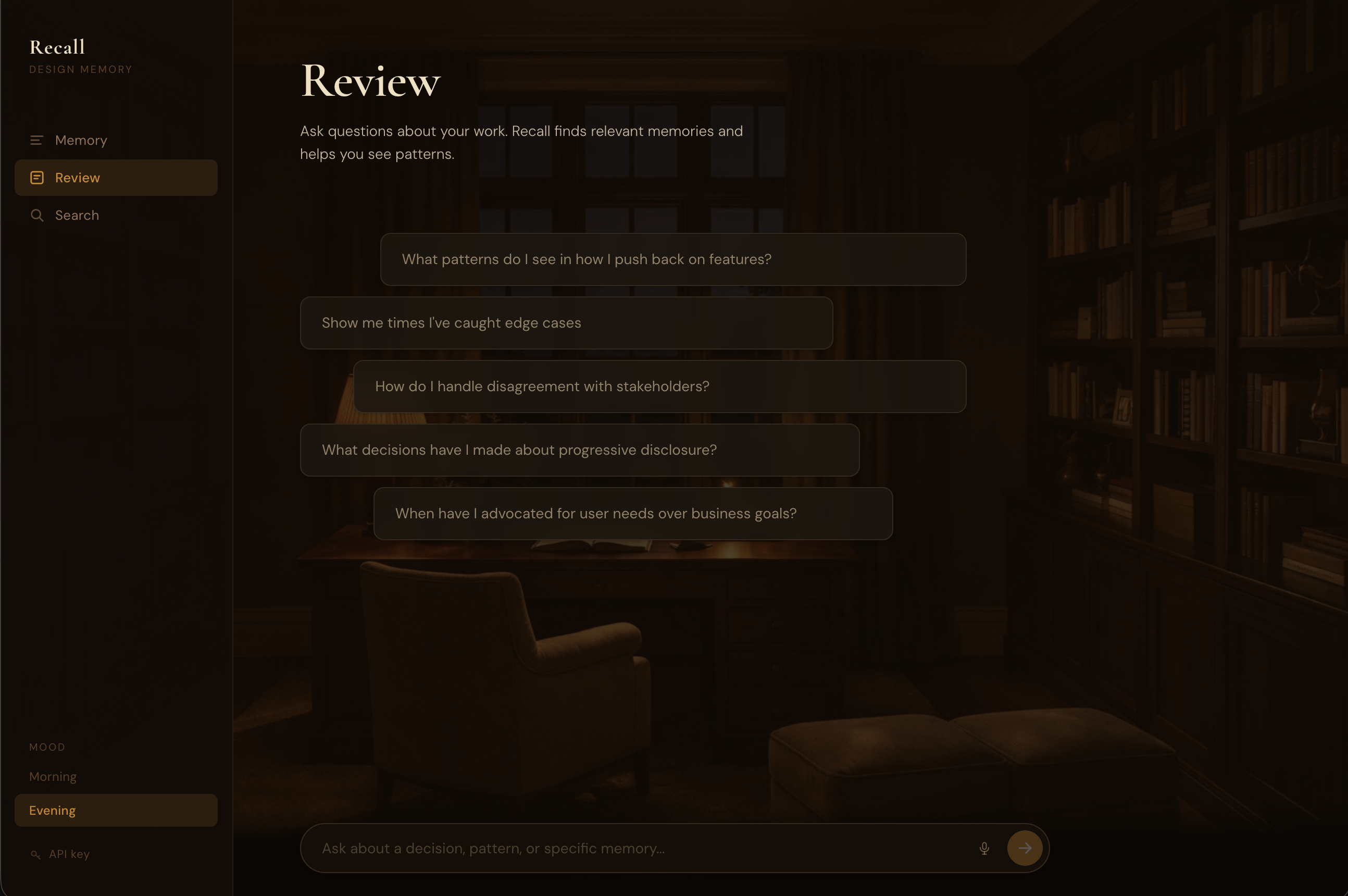 Recall Review screen showing AI-powered query interface with suggested prompts like 'What patterns do I see in how I push back on features?'