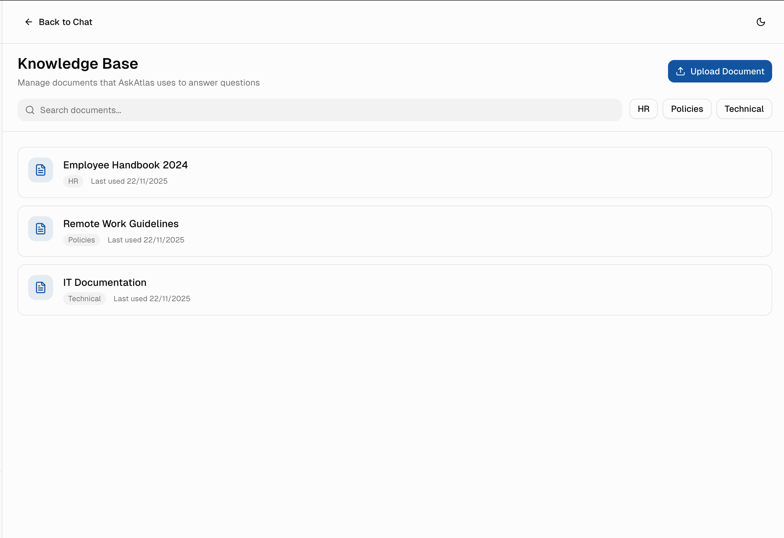 Knowledge base management interface showing documents organized by categories